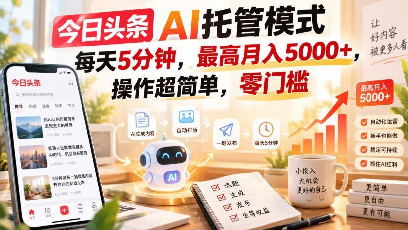 今日头条AI托管模式,每天5分钟,最高月入5000+,操作超简单,零门槛【揭秘】-独家科技资源网