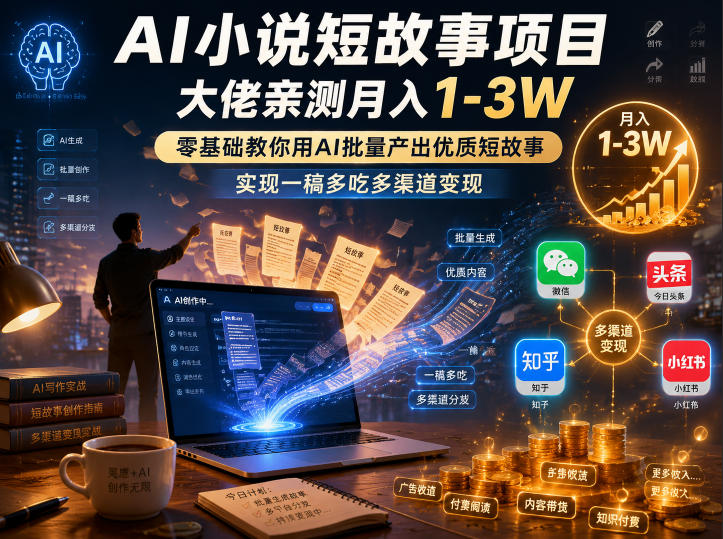 AI小说短故事项目，大佬亲测月入1-3W，零基础教你用AI批量产出优质短故事，实现一稿多吃多渠道变现(更新0824)-独家科技资源网