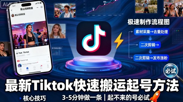 最新Tiktok快速搬运快速起号方法，3-5分钟做一条，起不来的号可以试试-独家科技资源网