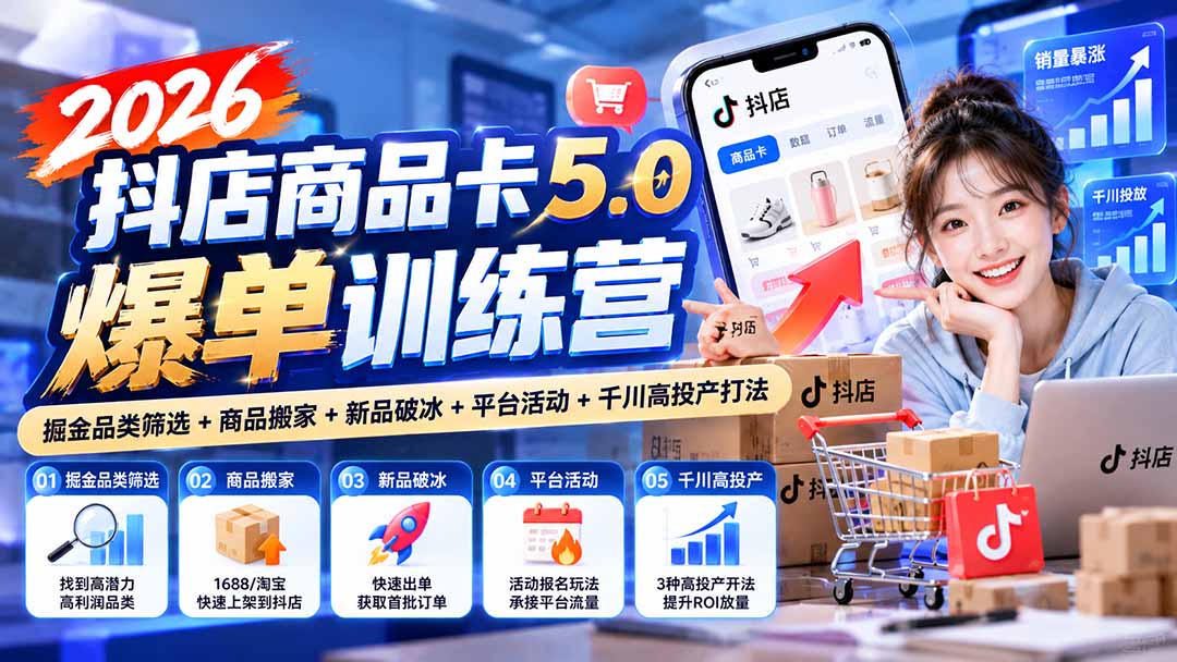 2026抖店商品卡5.0爆单训练营：掘金品类筛选+商品搬家+新品破冰+平台活动+千川高投产打法-独家科技资源网