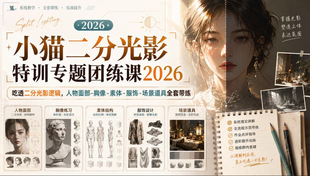 小猫二分光影特训专题团练课2026｜吃透二分光影逻辑，人物面部‑胸像‑素体‑服饰‑场景道具全套带练，高清画质附赠课件与笔刷-独家科技资源网