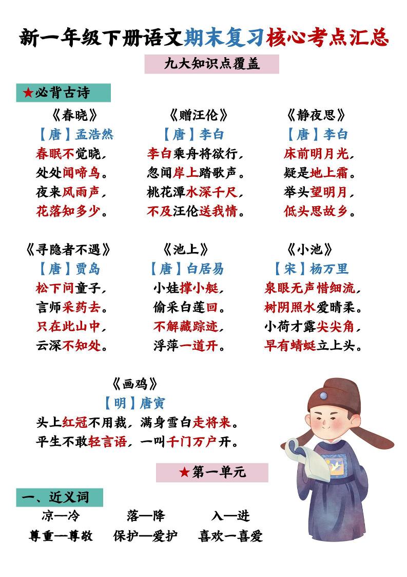 26春一年级下语文期末复习核心考点汇总-独家科技资源网