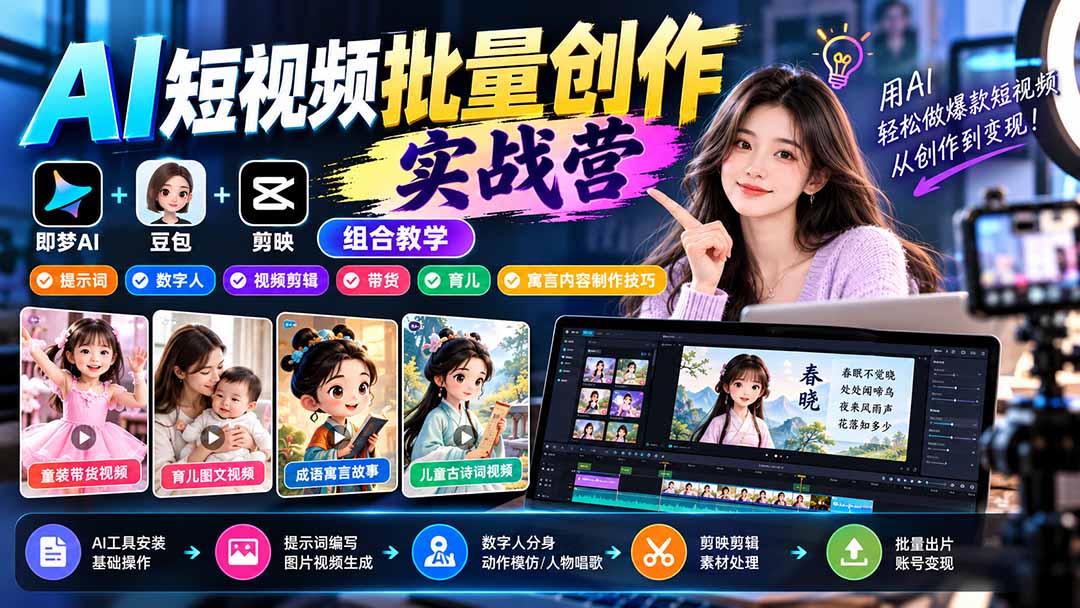 【无水印】AI短视频批量创作实战营：即梦+豆包+剪映组合教学，提示词/数字人/视频剪辑/带货/育儿/寓言内容制作技巧-独家科技资源网