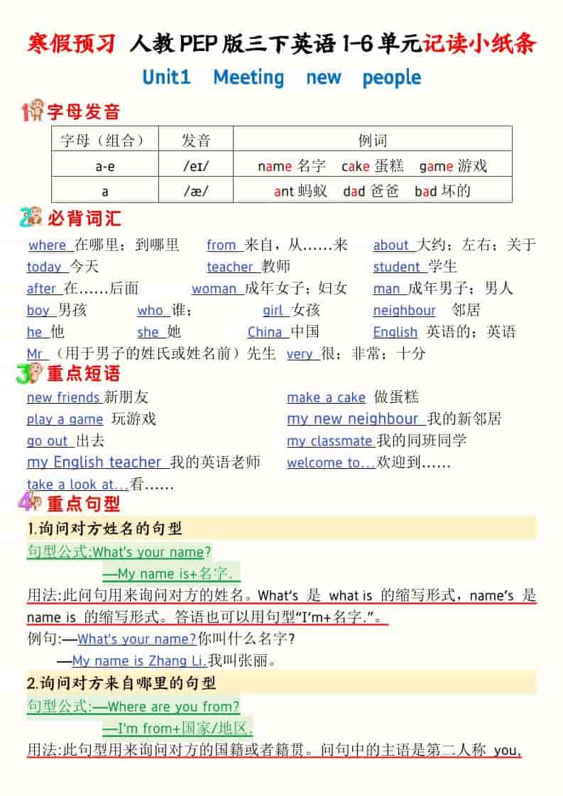 三年级下英语寒假预习1-6单元记读小纸条《人教版PEP》-独家科技资源网