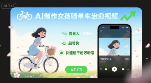 AI制作女孩骑单车治愈视频，流量大，起号快，快速起千粉万粉号-独家科技资源网