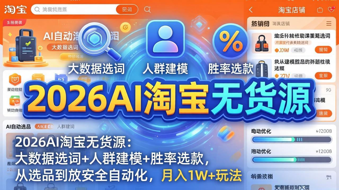 2026AI淘宝无货源-4月更新：大数据选词+人群建模+胜率选款，从选品到放大全自动化，月入1W+玩法-独家科技资源网