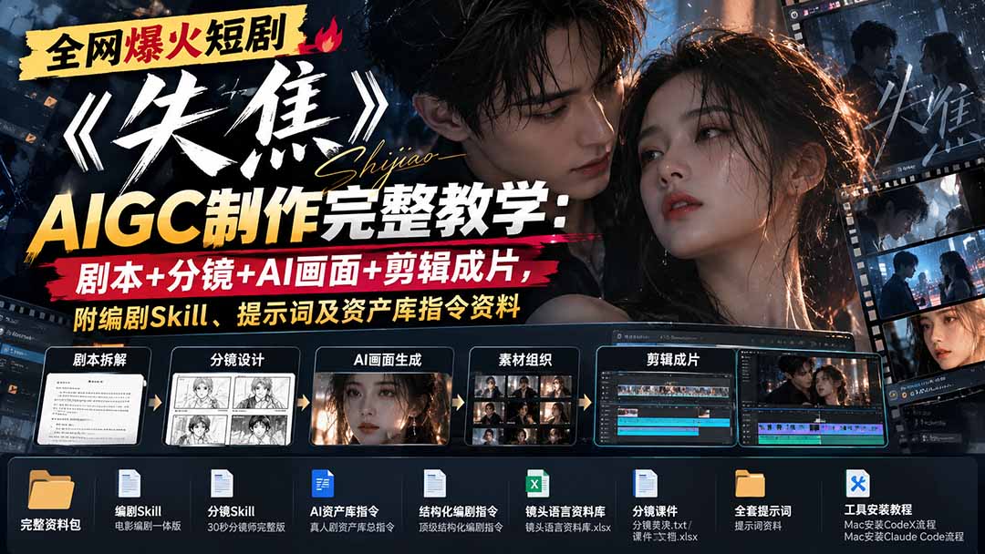 全网爆火短剧《失焦》AIGC制作完整教学:剧本+分镜+AI画面+剪辑成片,附编剧Skill、提示词及资产库指令资料-独家科技资源网
