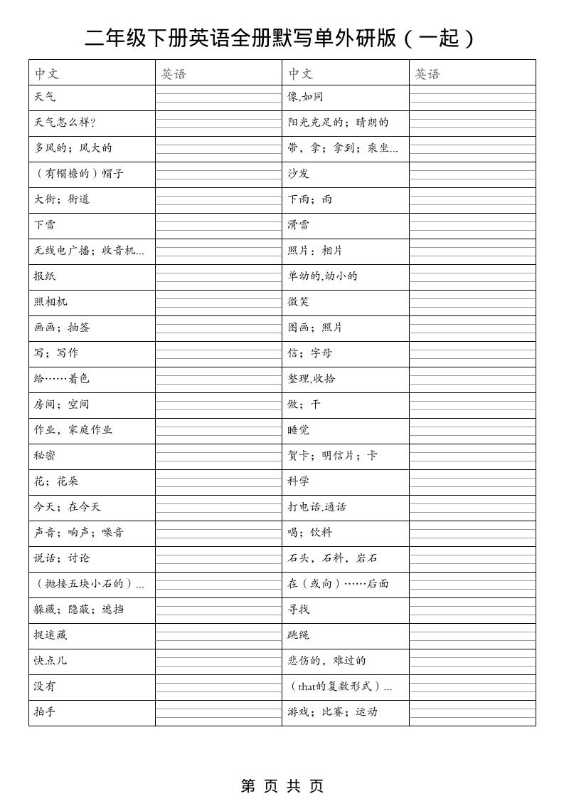 二年级下英语全册默写单(看中写英)《外研版(一起)》-独家科技资源网