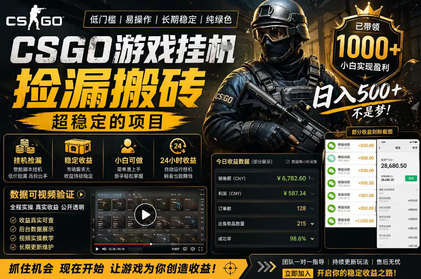 CSGO游戏搬砖，全自动挂G，不需要玩游戏，手机操作日入300+，解放双手【揭秘】-独家科技资源网