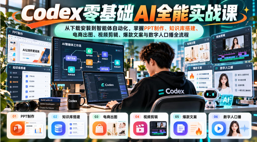 Codex零基础AI全能实战课:从下载安装到智能体自动化,掌握知识库搭建、电商出图、视频剪辑、爆款文案与数字人口播全流程-独家科技资源网
