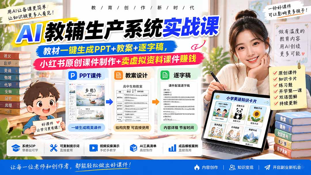 AI教辅生产系统实战课｜教材一键生成PPT+教案+逐字稿，小红书原创课件制作+卖虚拟资料课件赚钱-独家科技资源网