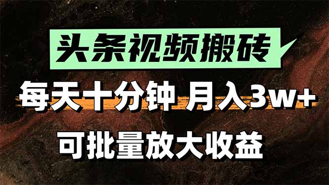 头条视频搬砖，每天10分钟，小白轻松月入3万+，可批量放大收益-独家科技资源网