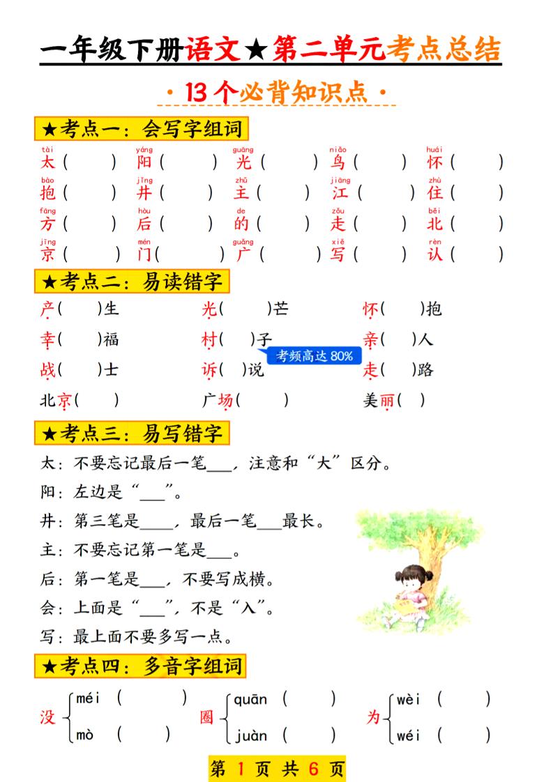 2025新版一年级语文下册第二单元考点总结13个必背-独家科技资源网