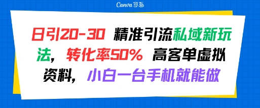 日引 20-30 精准引流私域新玩法，转化率50% 高客单虚拟资料，小白一台手机就能做-独家科技资源网