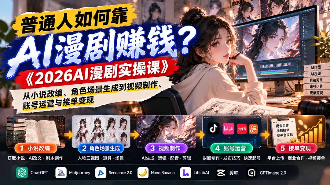 普通人如何靠AI漫剧赚钱？《2026AI漫剧实操课》从小说改编、角色场景生成到视频制作、账号运营与接单变现-独家科技资源网