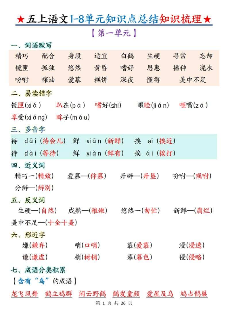 五年级上语文1-8单元知识点总结知识梳理-独家科技资源网
