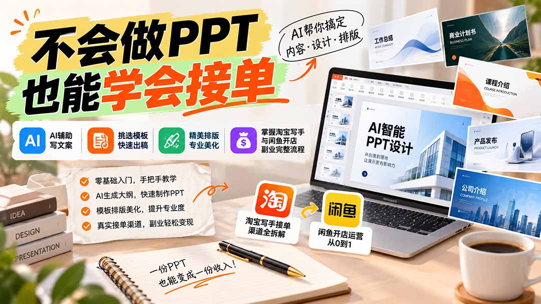 不会做PPT也能学会接单：AI辅助写文案、挑模板、做排版，掌握淘宝写手与闲鱼开店副业完整流程-独家科技资源网