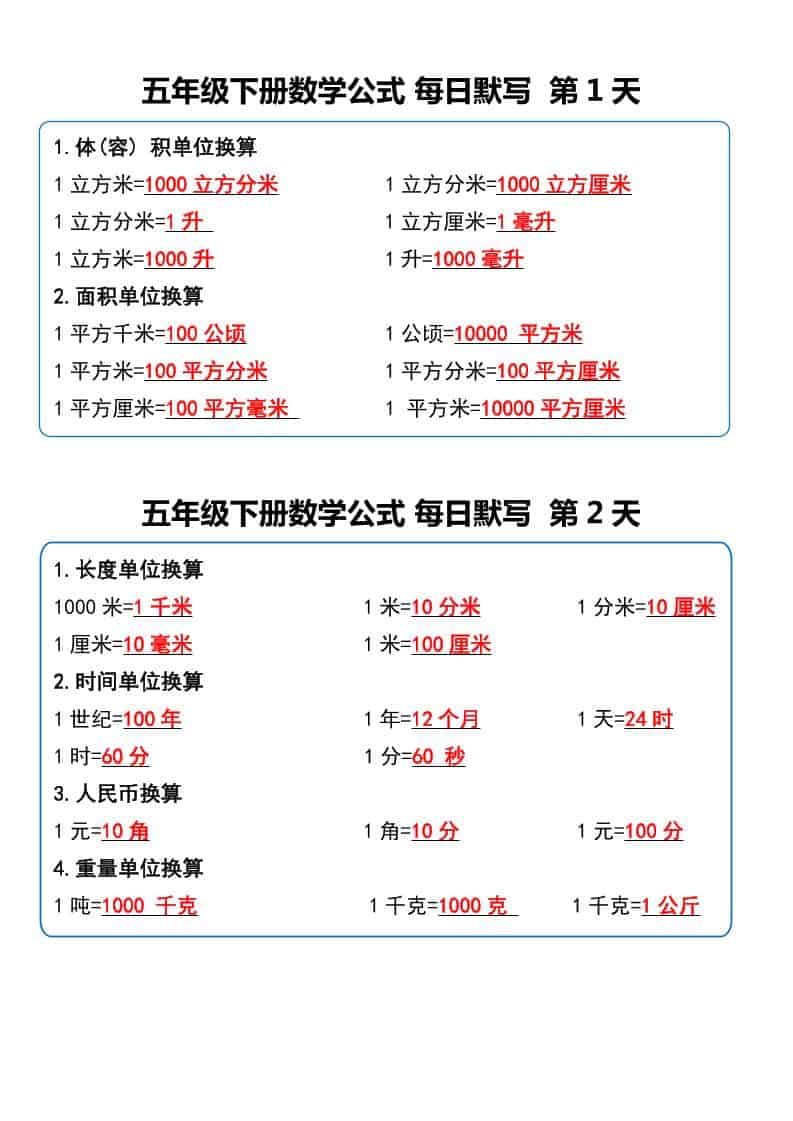 五年级下数学数学公式每日默写小纸条-独家科技资源网