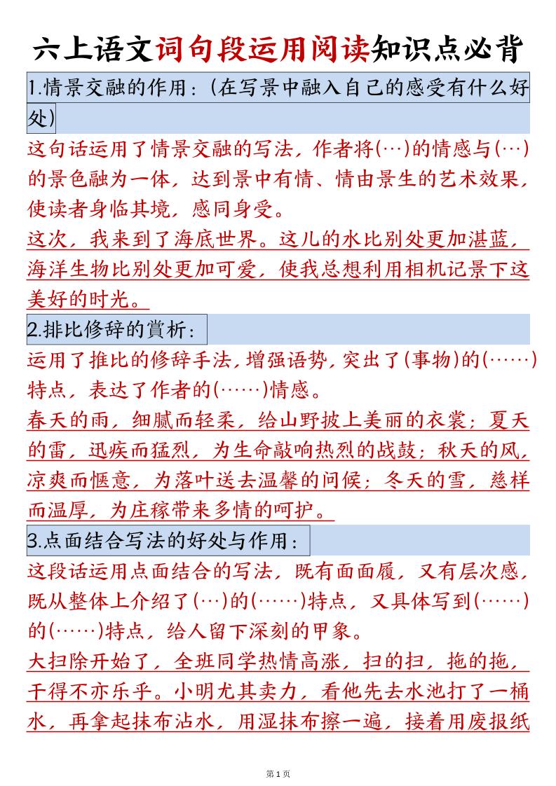 六年级语文上册词句段运用阅读知识点必背-独家科技资源网