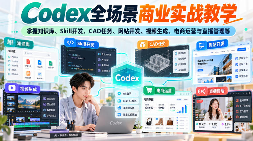 Codex全场景商业实战教学,掌握知识库、Skill开发、CAD任务、网站开发、视频生成、电商运营与直播管理等(更新1010)-独家科技资源网