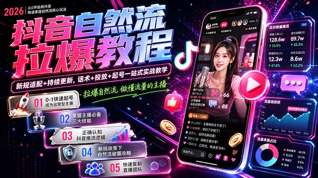 抖音自然流拉爆教程-更新8月:做懂流量的主播,新规适配+持续更新,话术+投放+起号一站式实战教学-独家科技资源网