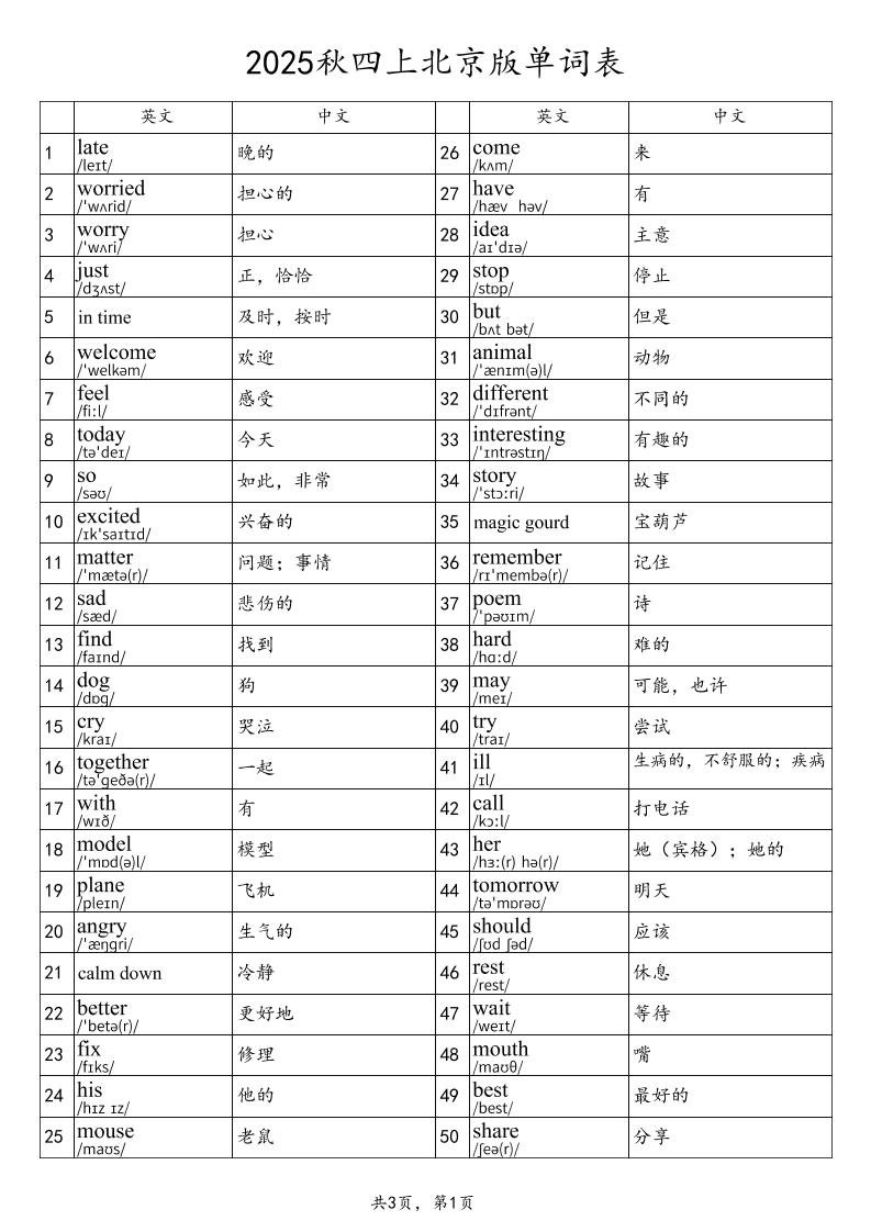 2025秋四上英语北京版单词表-独家科技资源网