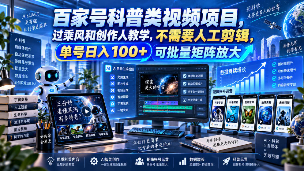 百家号科普类视频项目，过乘风和创作人教学，不需要人工剪辑，单号日入100+可批量矩阵放大-独家科技资源网
