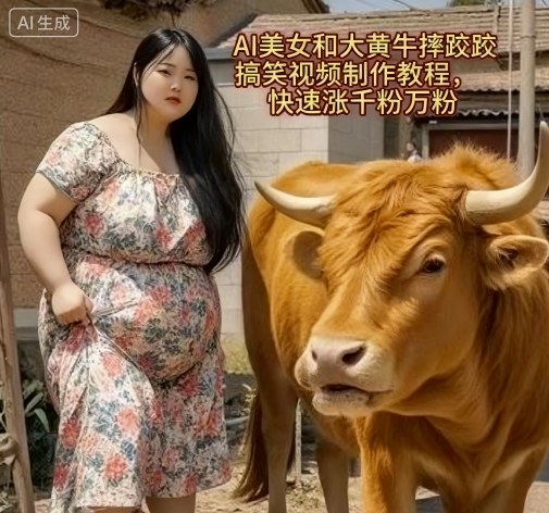 AI美女和大黄牛摔跤搞笑荒诞视频制作教程，快速涨千粉万粉-独家科技资源网