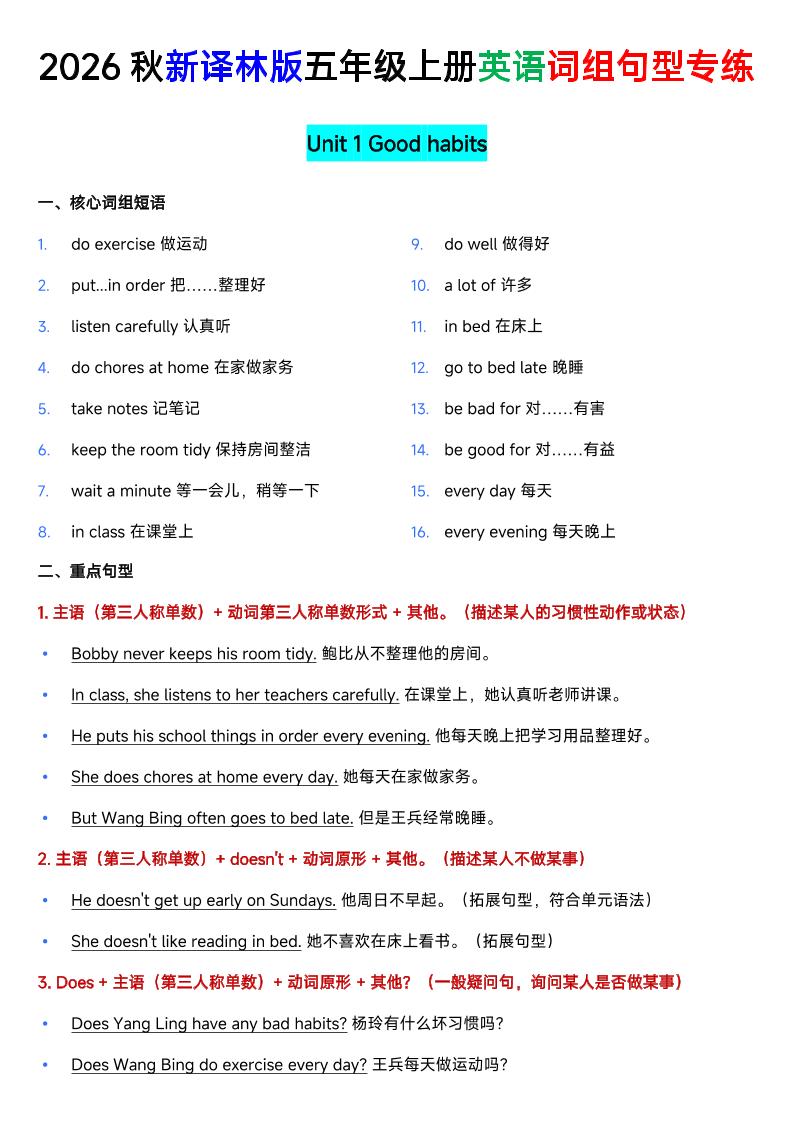 新译林版五年级上册英语U1-U8词组句型专项训练-独家科技资源网