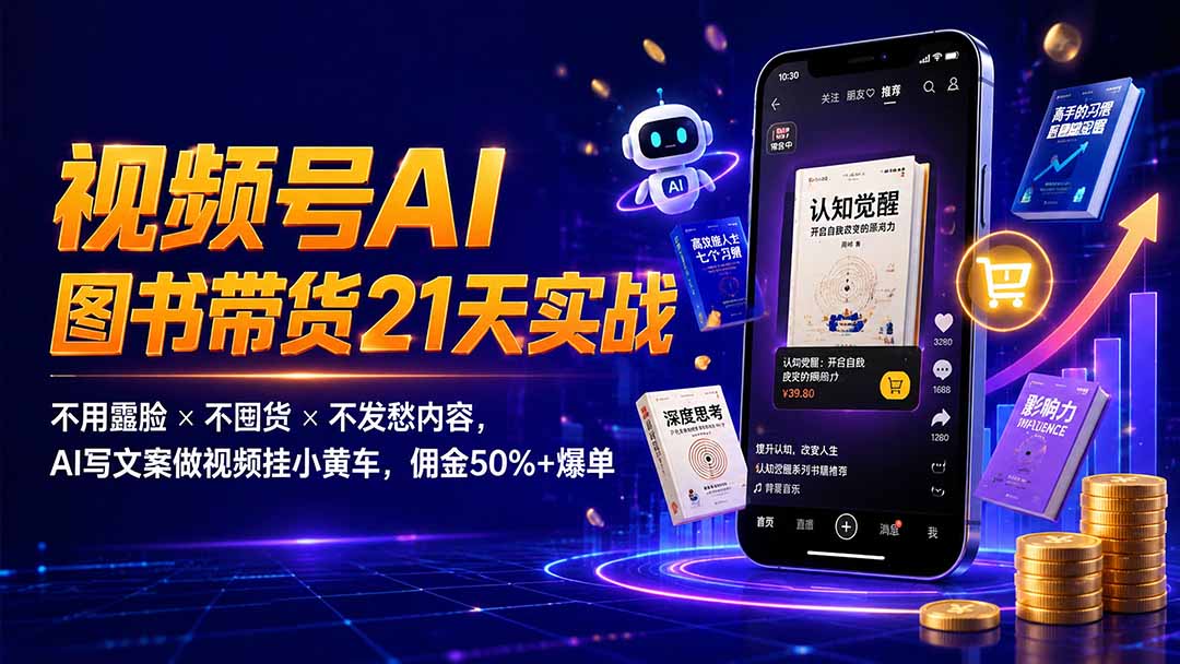 繁花视频号AI图书带货21天实战:不用露脸×不囤货×不发愁内容,AI写文案做视频挂小黄车,佣金50%+爆单-独家科技资源网