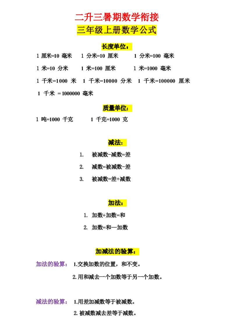 三年级上册数学公式-独家科技资源网