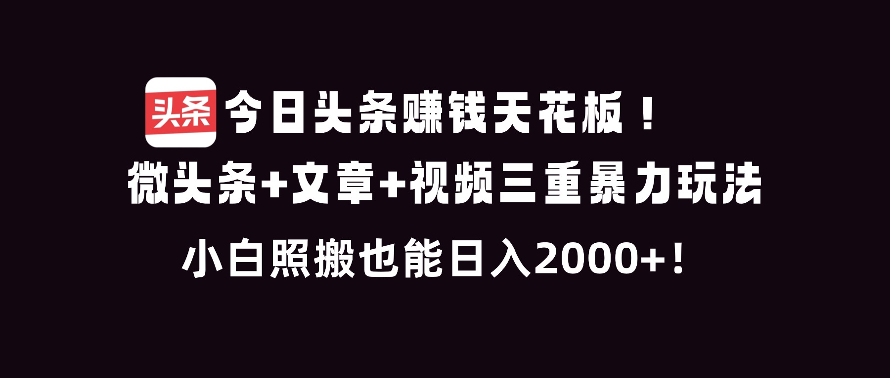 今日头条赚钱天花板！微头条+文章+视频三重暴利玩法，小白照搬也能日人2000+-独家科技资源网