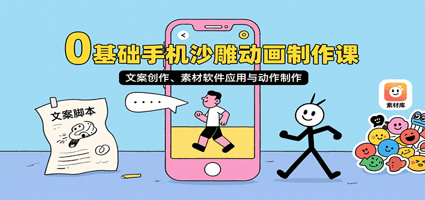 0基础手机沙雕动画制作课，文案创作、素材软件应用与动作制作-独家科技资源网