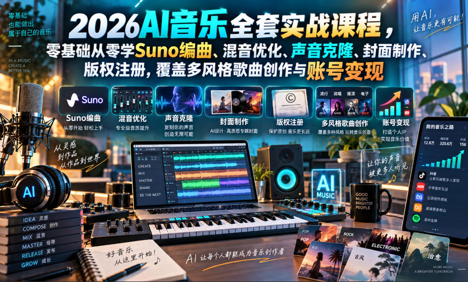 2026AI音乐实战课程,零基础从零学Suno编曲、混音优化、声音克隆、版权注册,覆盖多风格歌曲创作与账号变现-独家科技资源网