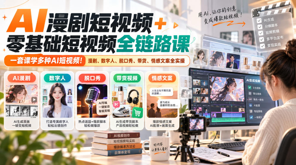 AI漫剧短视频+零基础短视频全链路课，一套课学多种AI短视频！漫剧、数字人、脱口秀、带货、情感文案全实操-独家科技资源网