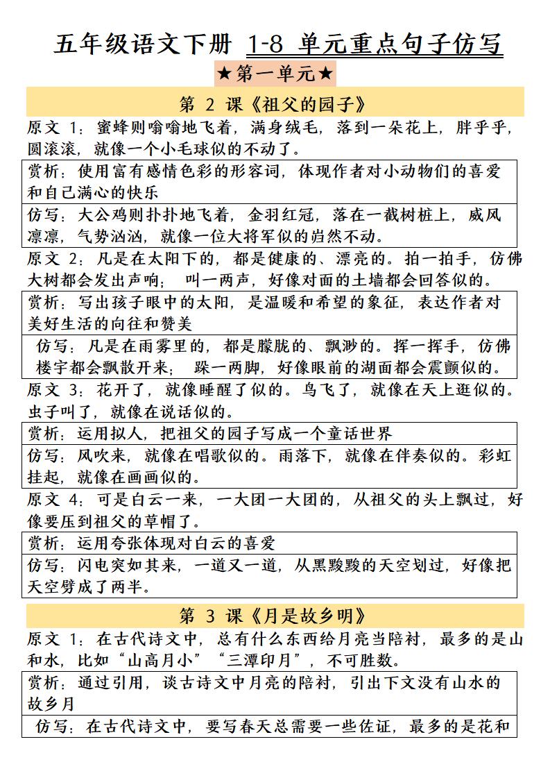 五年级下语文1-8单元重点句子仿写-独家科技资源网