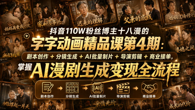 抖音110W粉丝博主十八漫的字字动画精品课第4期:剧本创作+分镜生成+剪辑+商业接单,掌握AI漫剧生成变现全流程-独家科技资源网