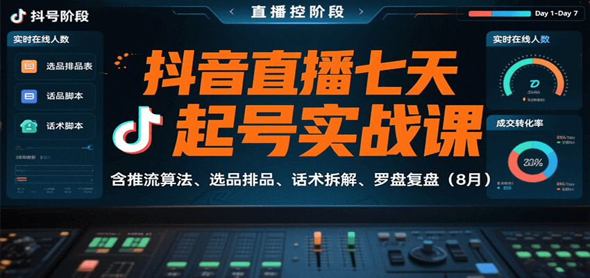 抖音直播七天起号实战课：含推流算法、选品排品、话术拆解、罗盘复盘(8月)-独家科技资源网