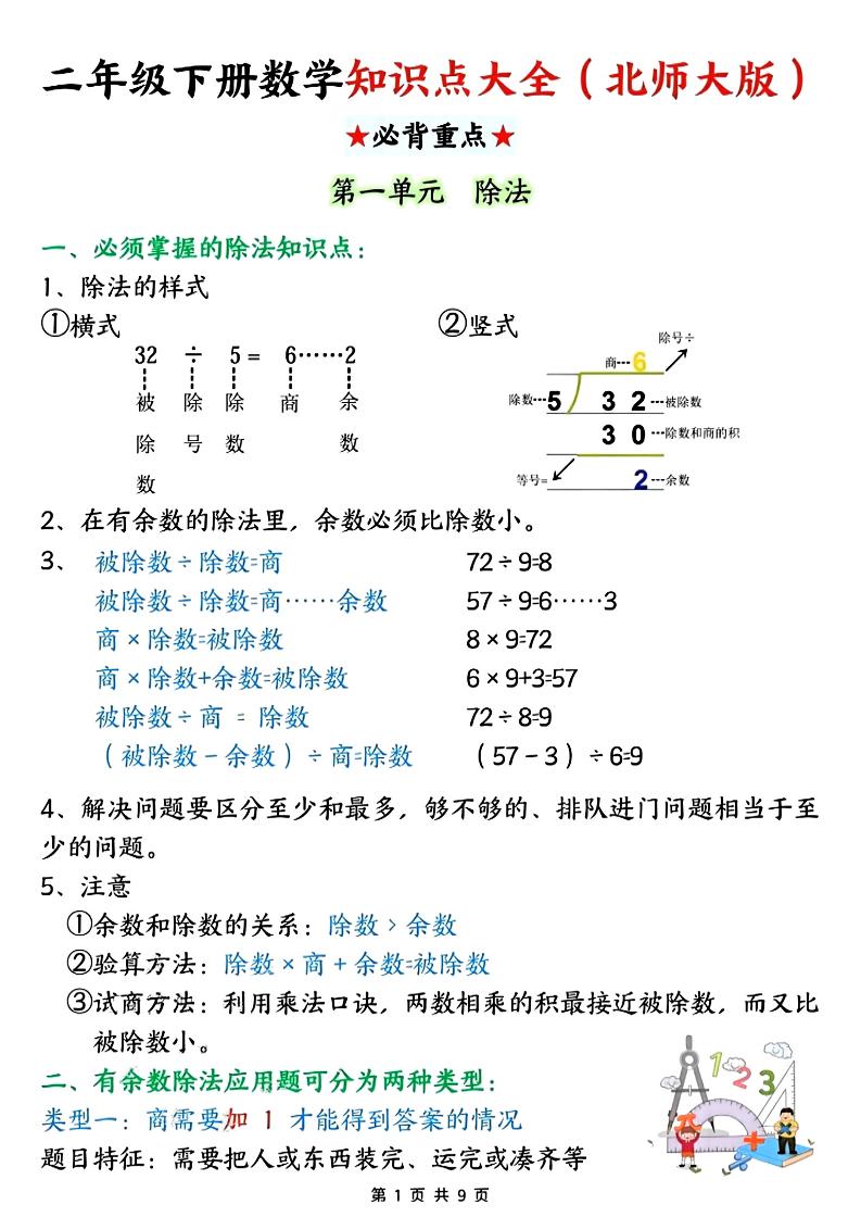 二年级下数学知识点大全《北师版》-独家科技资源网