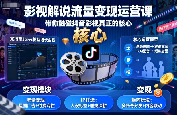 影视解说流量变现运营课，带你触碰抖音影视真正的核心-独家科技资源网