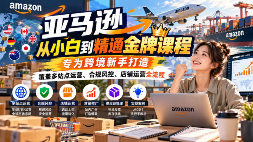 亚马逊从小白到精通金牌课程，专为跨境新手打造，覆盖多站点运营、合规风控、店铺运营全流程-独家科技资源网