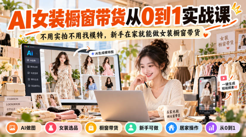 AI女装橱窗带货从0到1实战课，不用实拍不用找模特，新手在家就能做女装橱窗带货-独家科技资源网