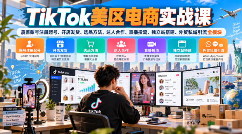 TikTok美区电商实战课，覆盖账号注册起号、开店发货、选品方法、达人合作、直播投流、独立站搭建、外贸私域引流全模块-独家科技资源网