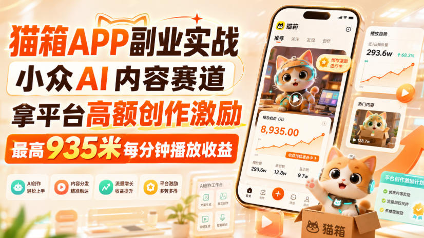 猫箱APP副业实战，小众AI内容赛道，拿平台高额创作激励，最高935米每分钟播放收益-独家科技资源网