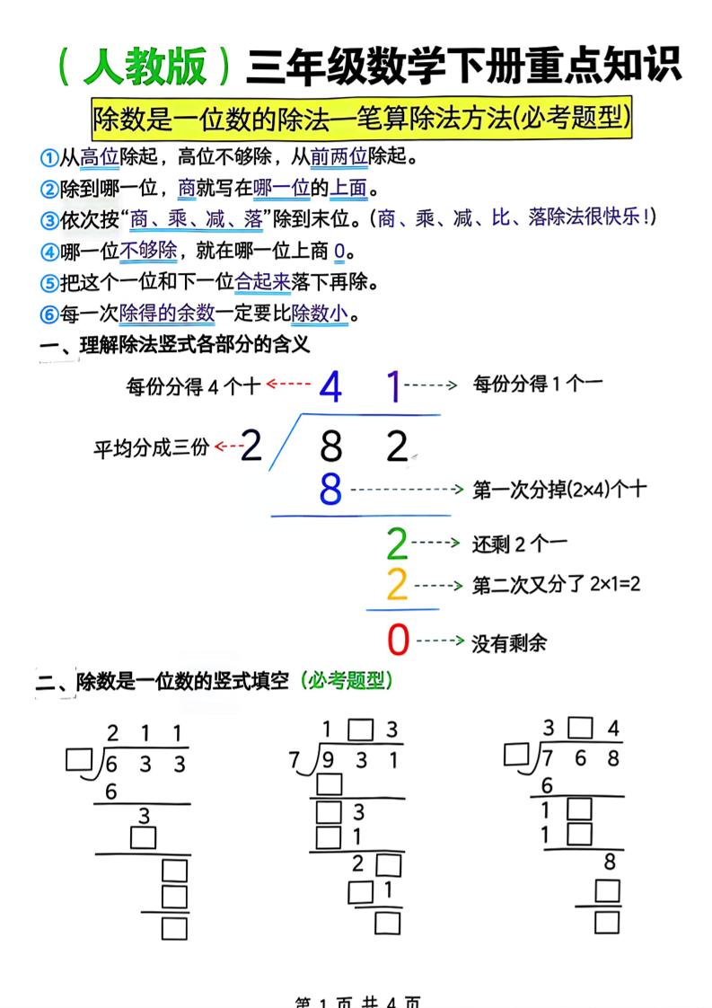 三年级下数学除数是一位数的除法—笔算除法方法(必考题型)《人教版》-独家科技资源网