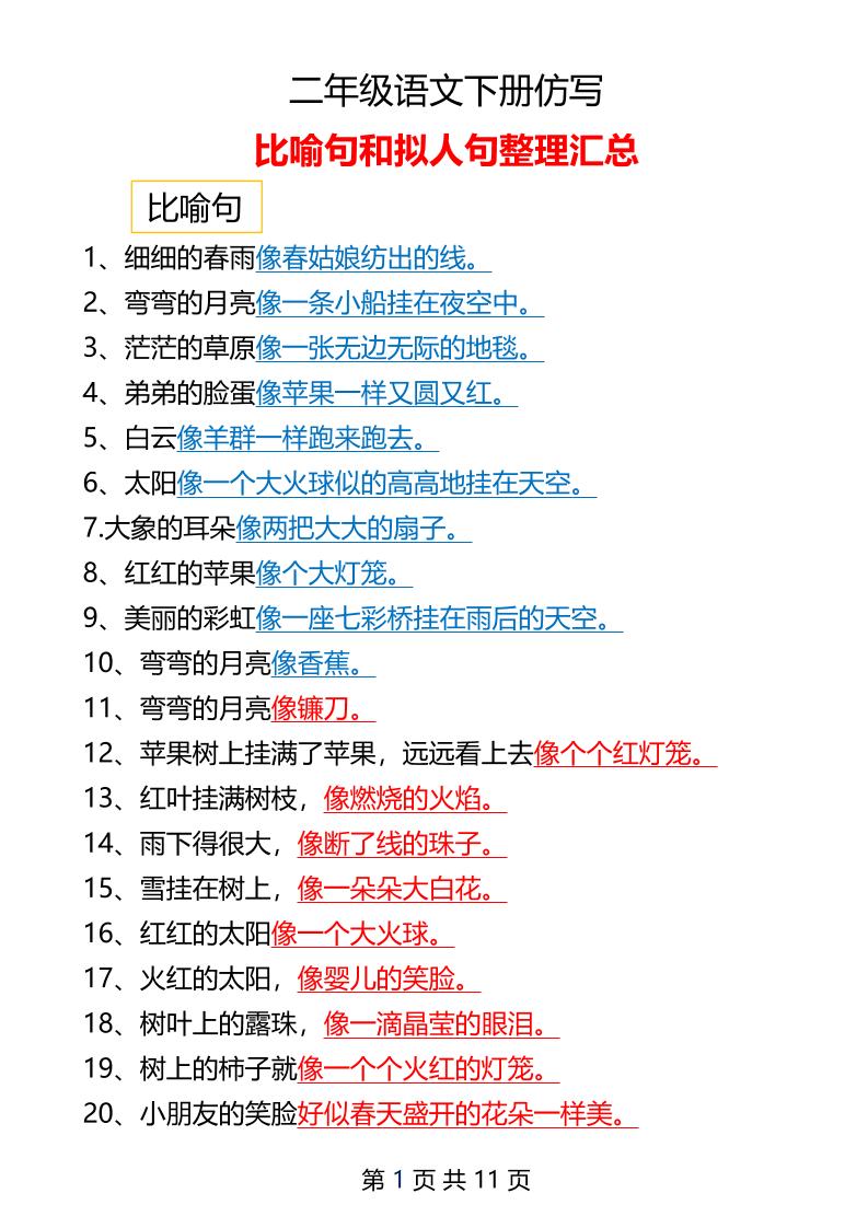 二年级下册语文仿写拟人比喻句整理汇总12页-独家科技资源网