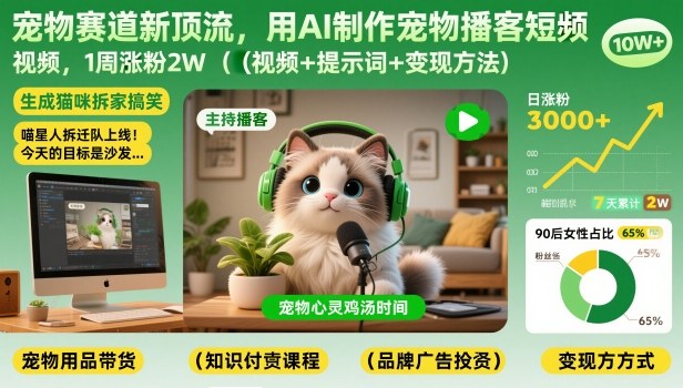 宠物赛道新顶流，用AI制作宠物播客短视频，1周涨粉2W(视频+提示词+变现方法)-独家科技资源网