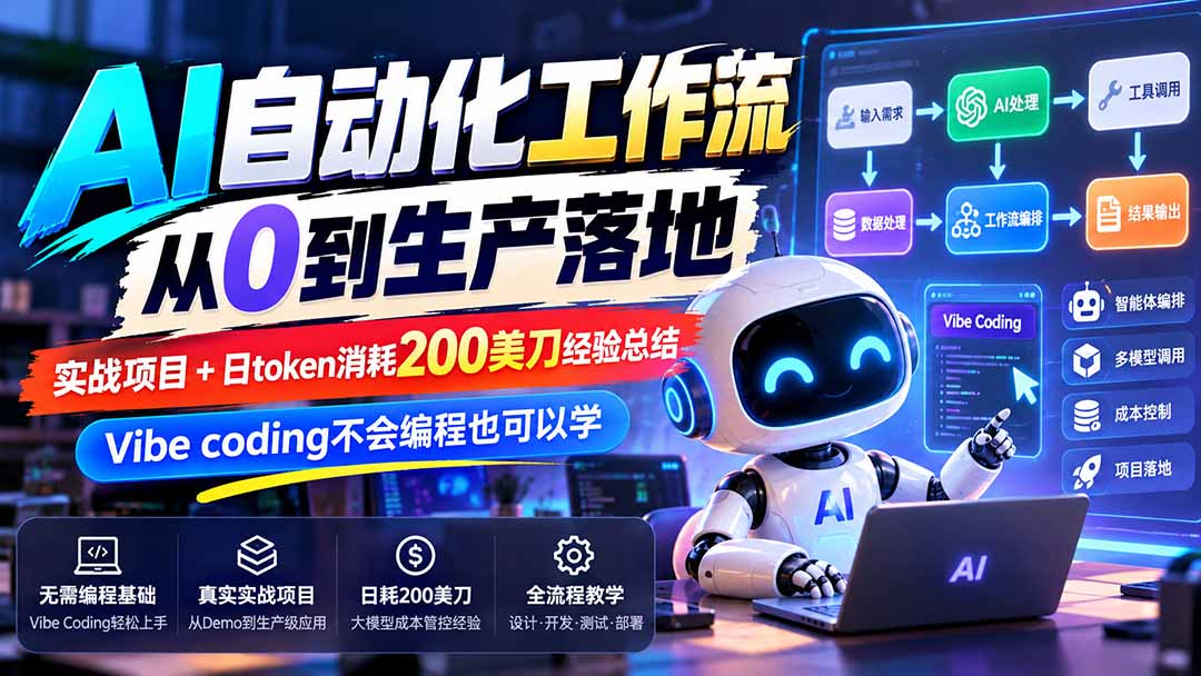 【无水印】AI自动化工作流从0到生产落地,实战项目+日token消耗200美刀经验总结,Vibe coding不会编程也可以学-独家科技资源网