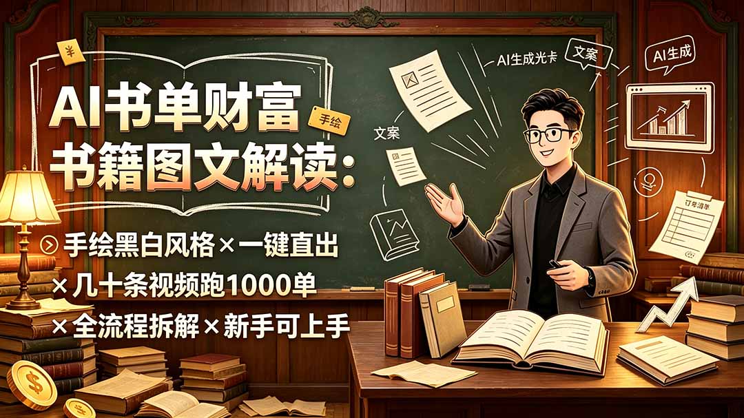 AI书单财富书籍图文解读:手绘黑白风格×一键直出×几十条视频跑1000单×全流程拆解×新手可上手-独家科技资源网
