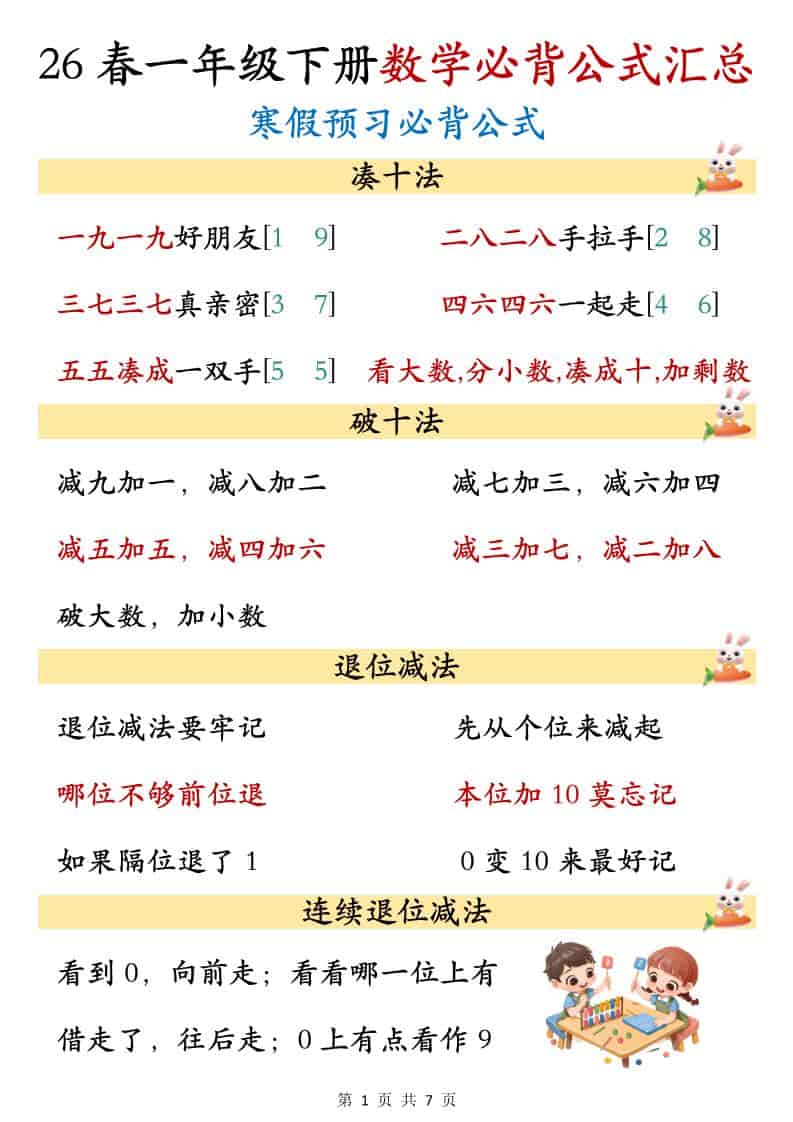 一年级下数学必背公式汇总-独家科技资源网